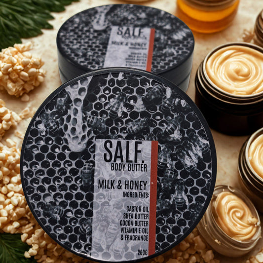 SALF. body butter containers with honeycomb design and text on a textured surface.