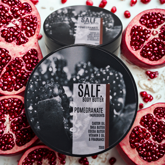 SALF body butter containers with pomegranate slices on a white background
